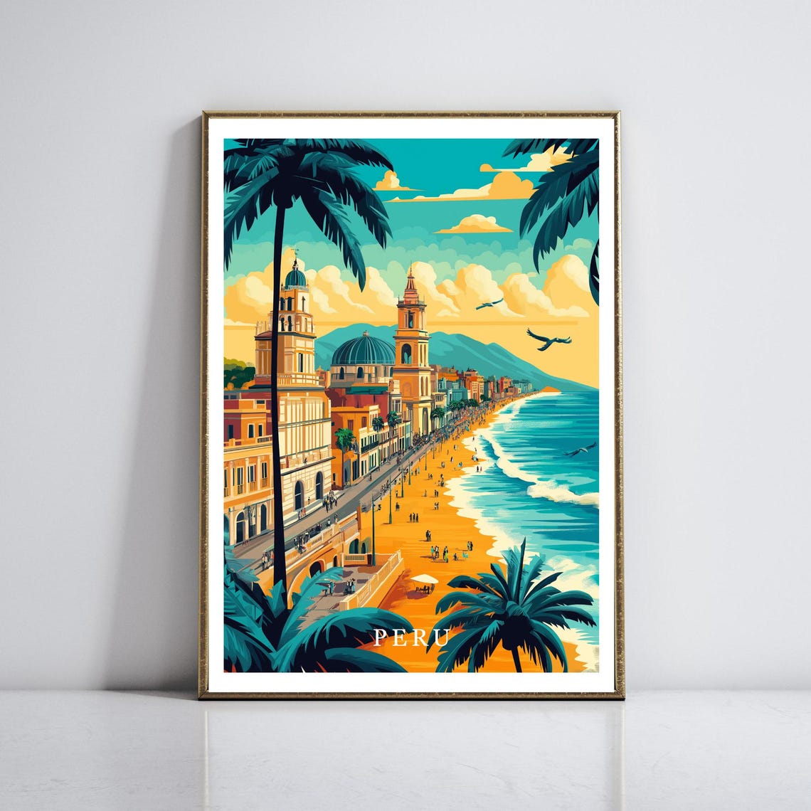 Peru Cathedral Oceanfront Beach Promenade Lima Travel Poster