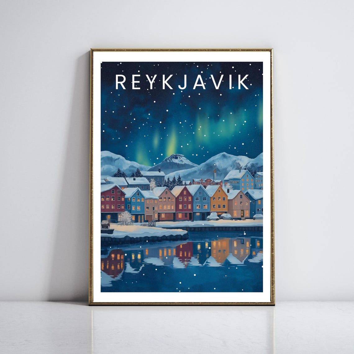 Reykjavik Northern Lights Snowy Harbor Town Iceland Travel Poster