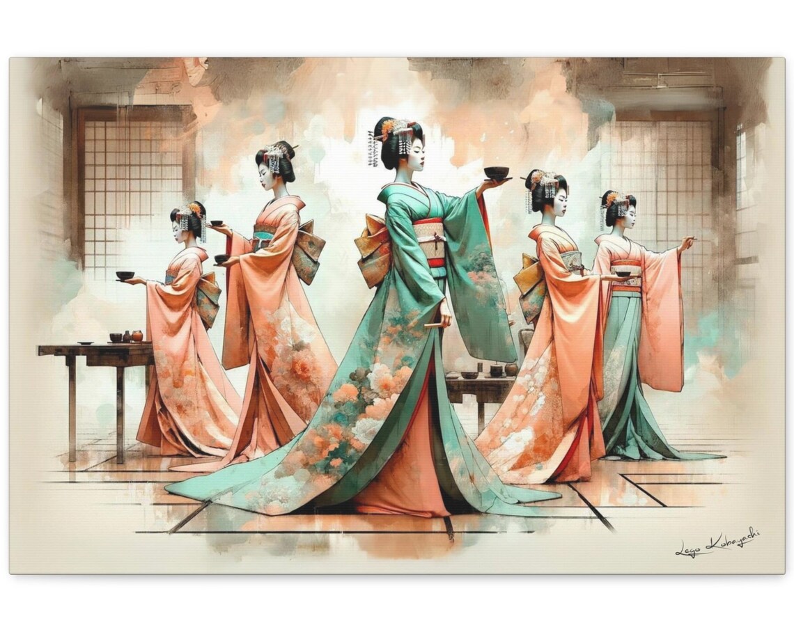 Japanese Geisha Tea Ceremony Five Dancers Tea House Serene Art Poster