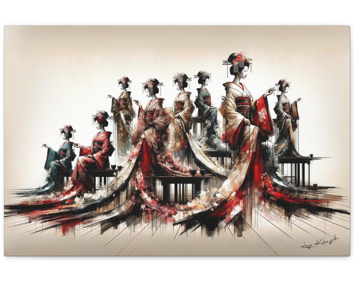 Eight Geisha Tea Ceremony Ink Wash Watercolor Group Painting Poster