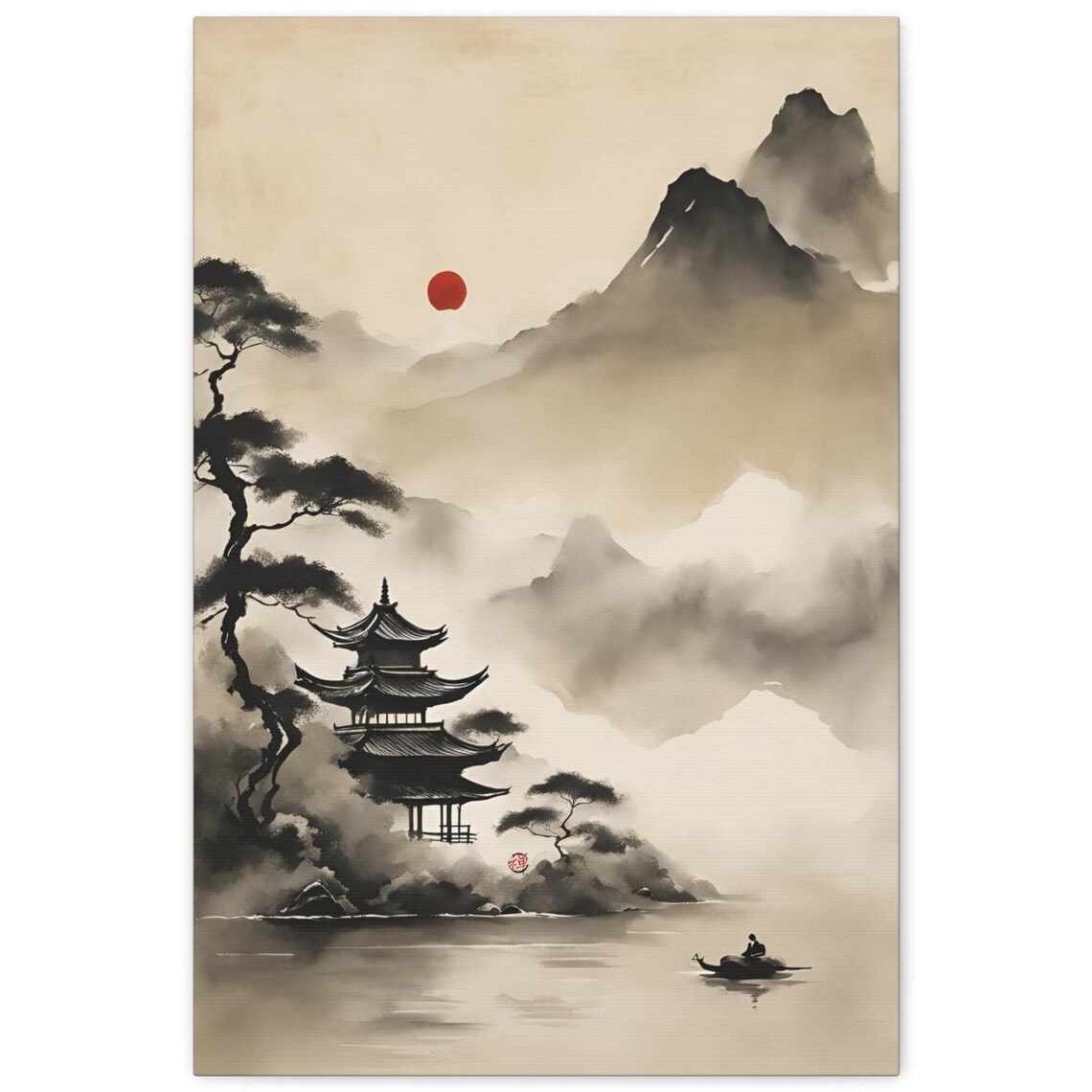 Japanese Pagoda Ink Wash Mountain Lake Red Sun Minimalist Zen Art Print - Image 3