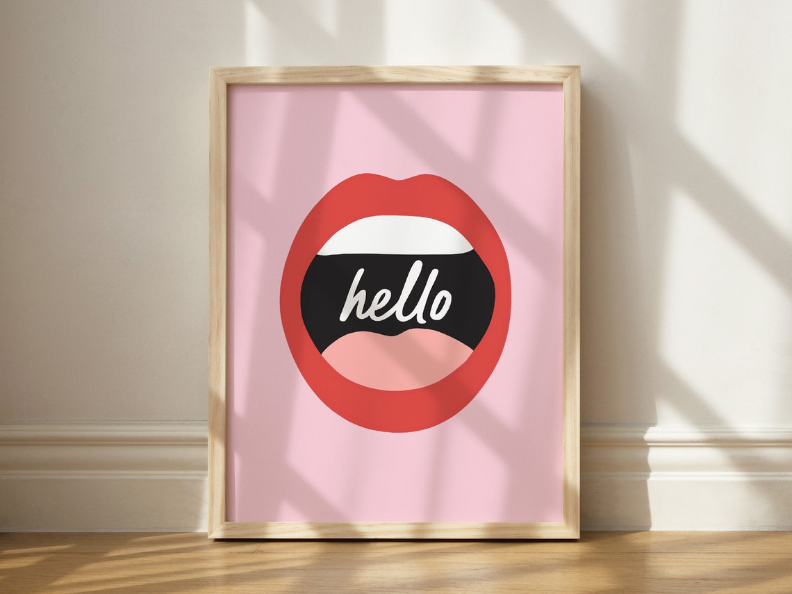 Hello Red Lips Pop Art Hot Pink Maximalist Beauty Room Poster