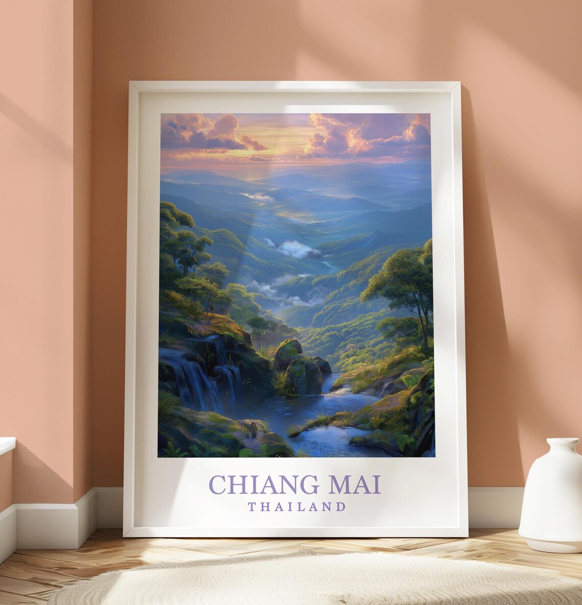 Chiang Mai Thailand Mountain Valley Sunrise Waterfall Travel Poster