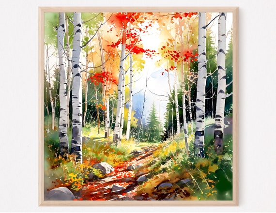 Birch Grove Watercolor Print Autumn Landscape Wall Art