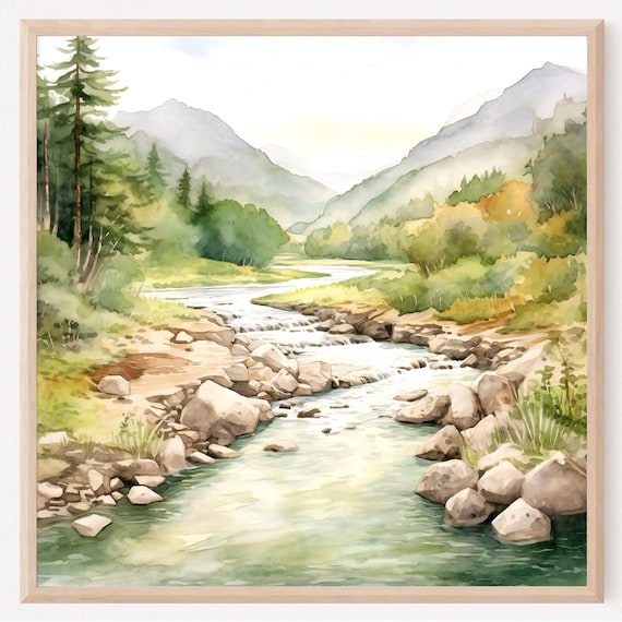 Serene Mountain River Watercolor Landscape Print With Green Valley