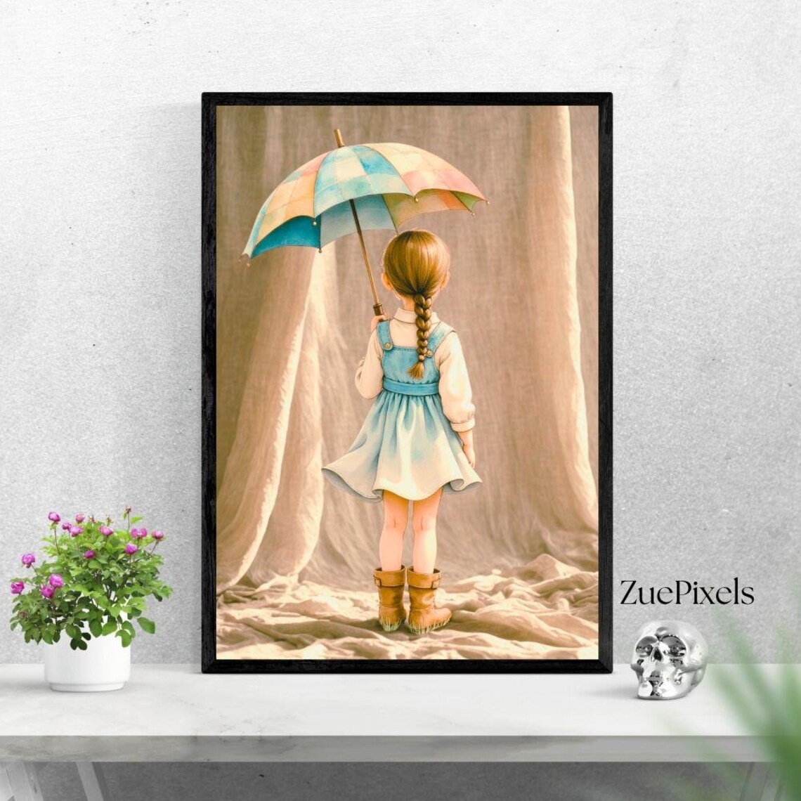 Girl With Umbrella, Whimsical Illustration Art Print