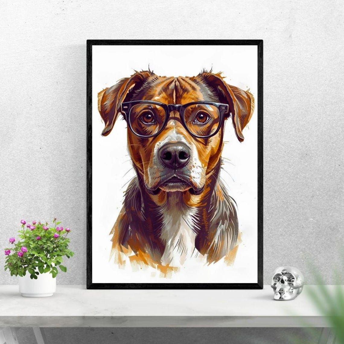 Dog With Glasses Art Print, Modern Home Decor
