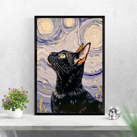 Black Cat Starry Night Art Print