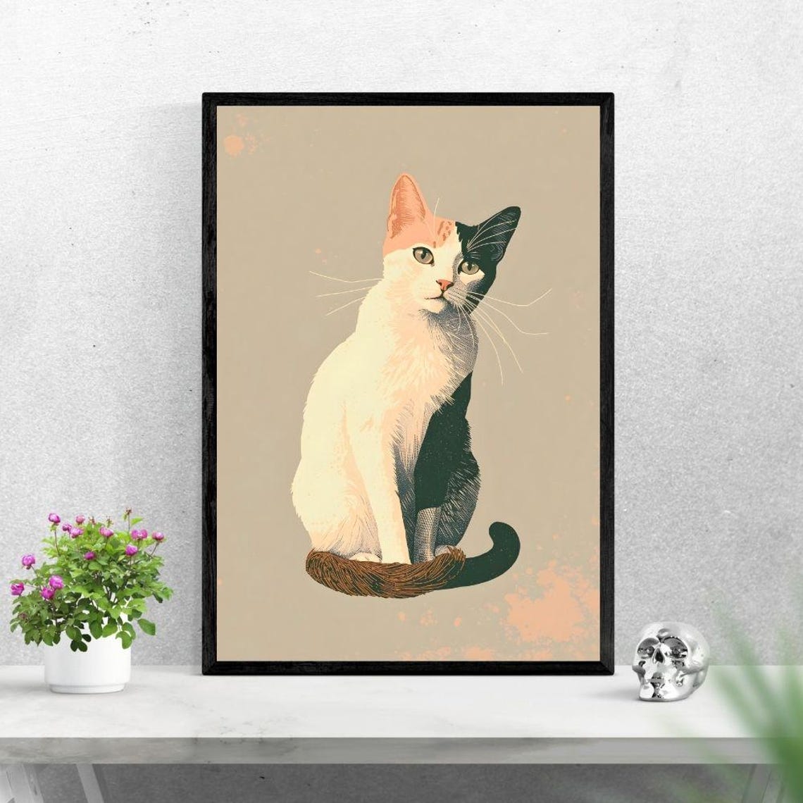 Elegant Calico Cat Sitting Minimalist Pop Art Portrait Print