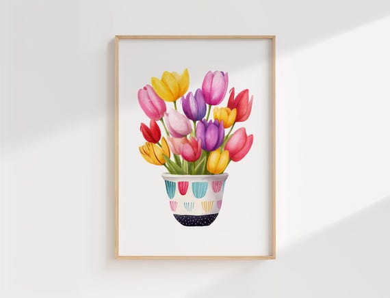 Tulip Bouquet Print Colorful Watercolor Tulips In Decorative Pot Illustration