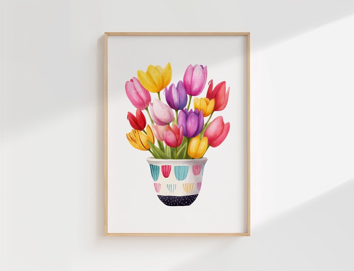 Colorful Tulip Bouquet Watercolor Decorative Pot Flower Art Poster