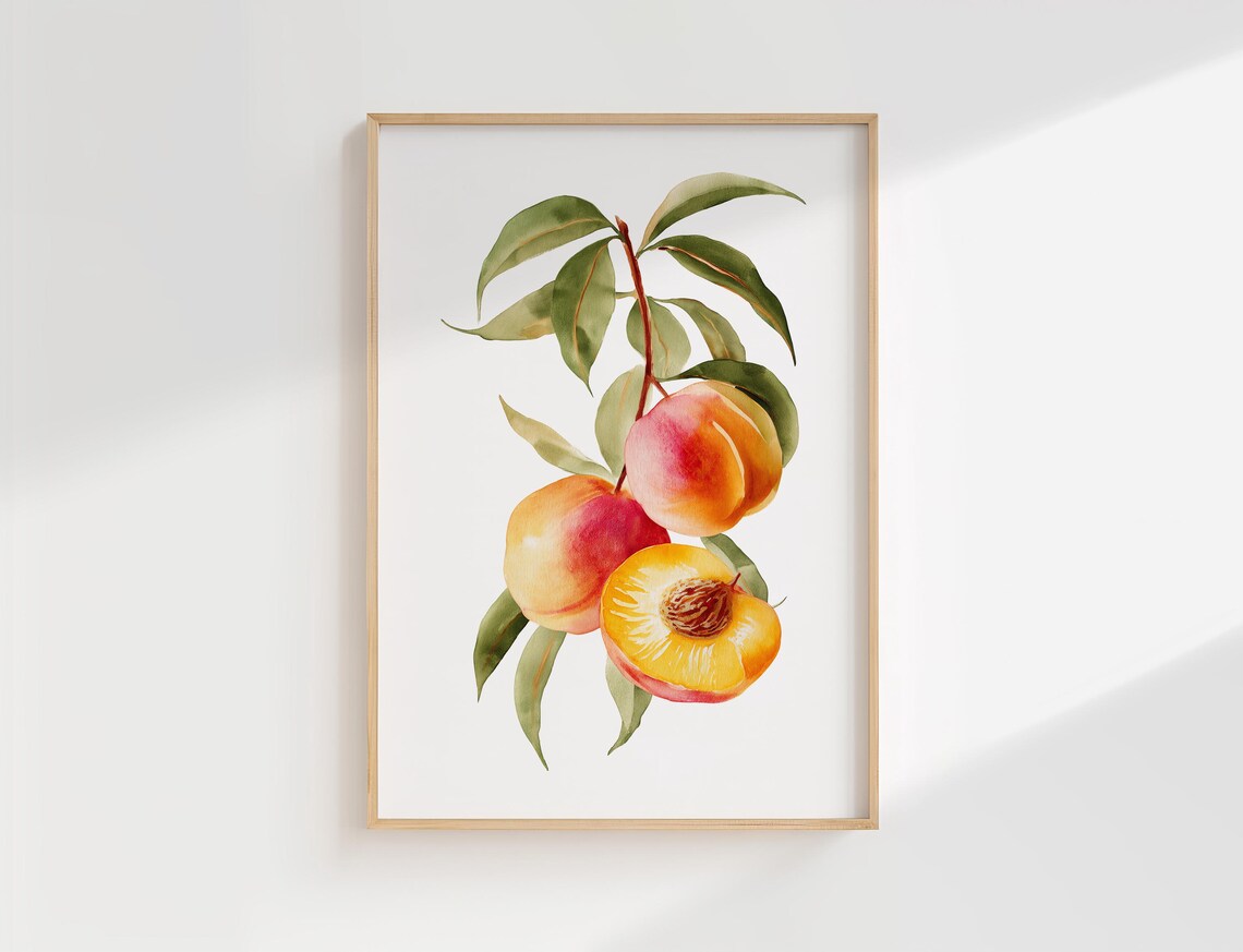 Peach Botanical Wall Art Print Watercolour Fruit Illustration For Kitchen Or Dining Room