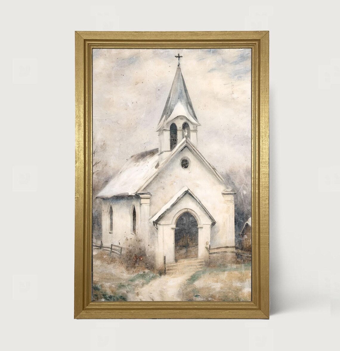 Rustic White Church With Fence, Country Church Art Print