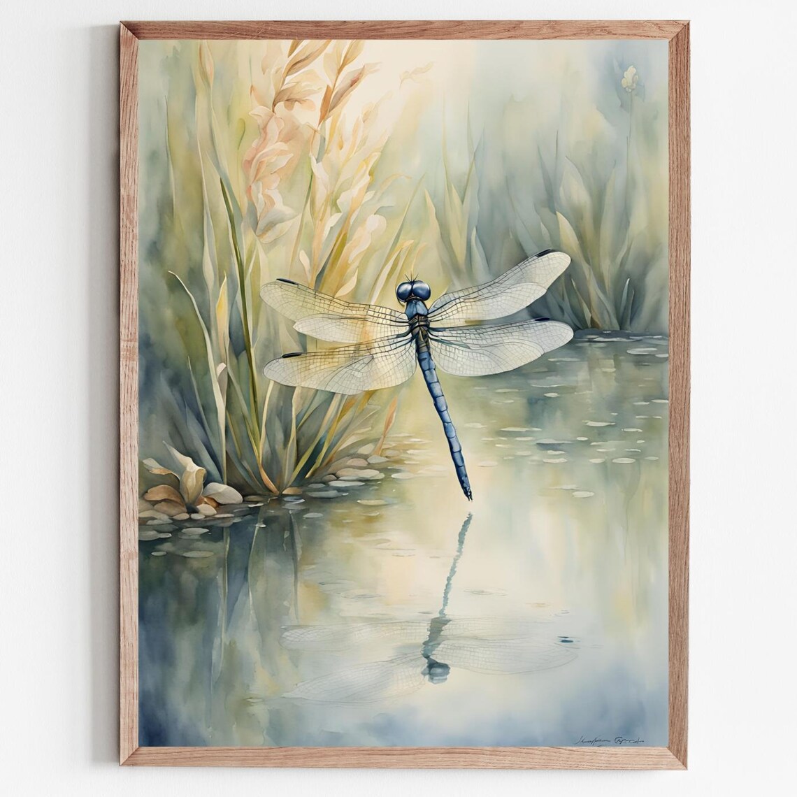 Dragonfly Watercolor Art Print, Neutral Floral Landscape