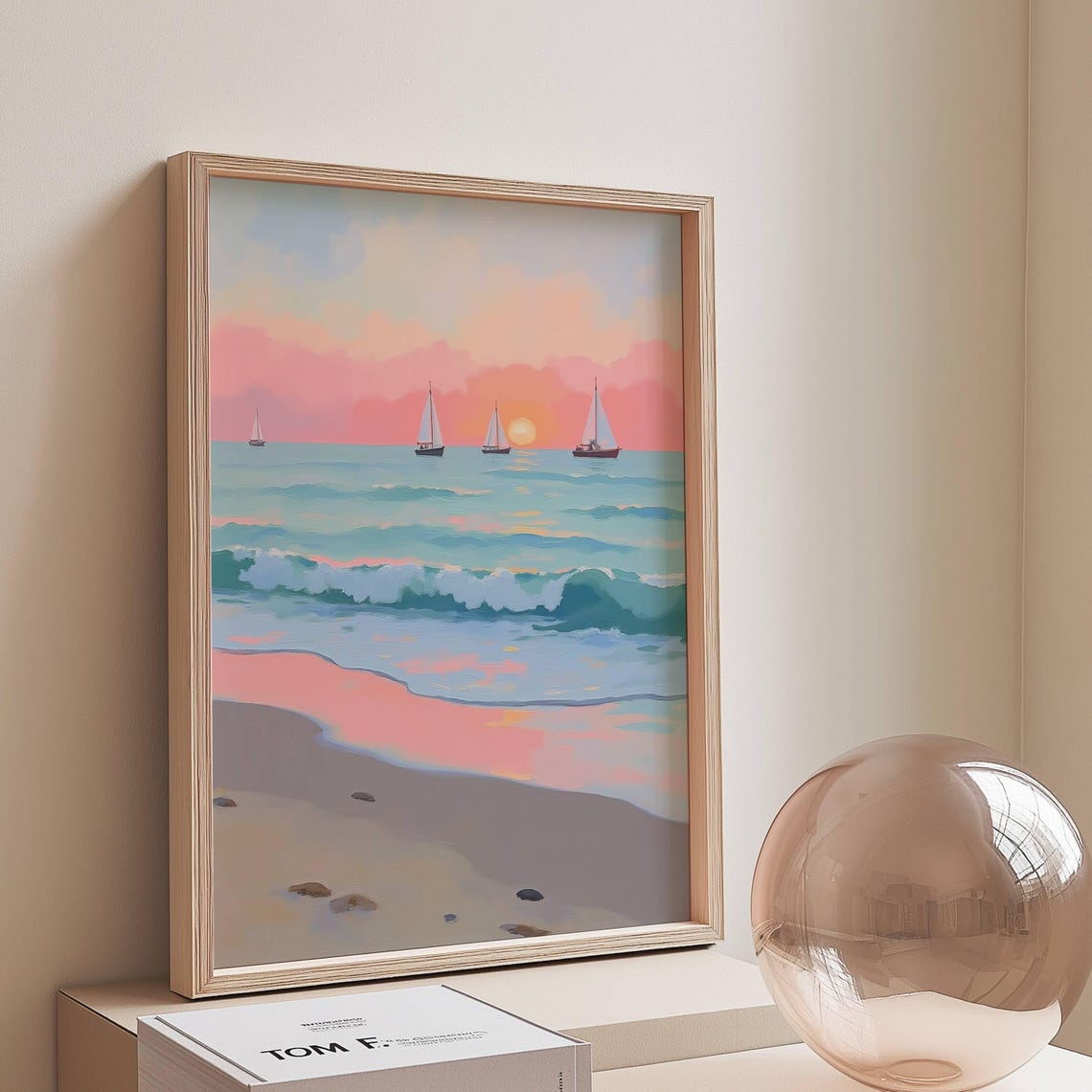 Sunset Sailboats Pastel Beach Waves Coastal Serene Ocean Poster