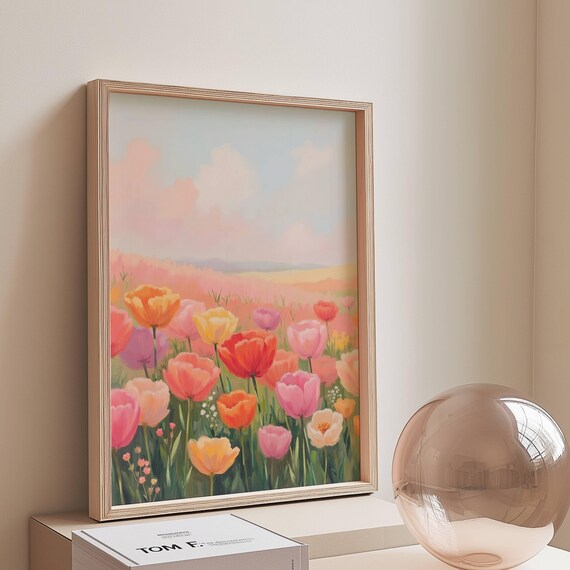 Spring Tulip Meadow Art Print Flowers Landscape Poster Easter Pink Home Decor Instant