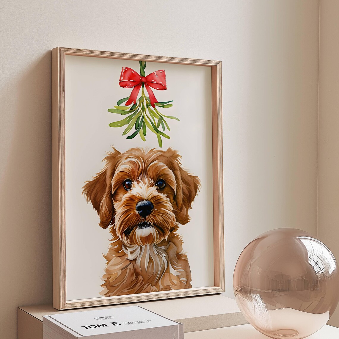 Brown Puppy Under Mistletoe Red Bow Christmas Holiday Dog Poster