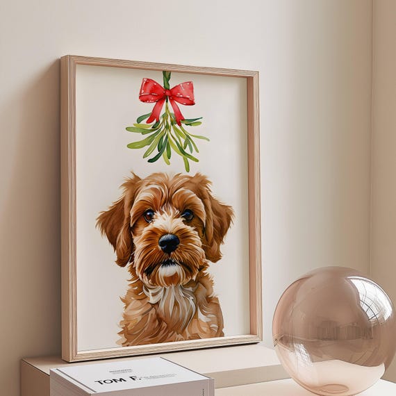 Brown Puppy Under Mistletoe Red Bow Christmas Holiday Dog Poster
