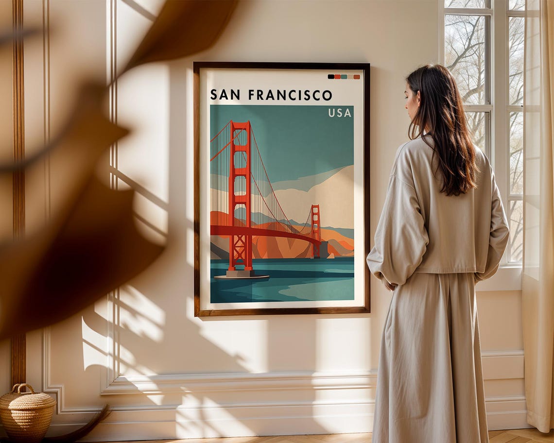 San Francisco Golden Gate Bridge Retro Sunset USA Travel Art Poster