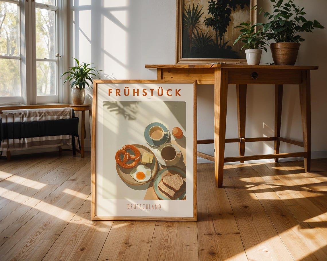 German Breakfast Flat Lay Coffee Pretzel Egg Vintage Food Art Poster