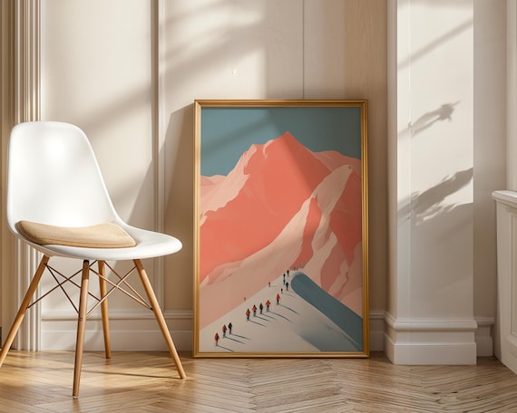 Minimalist Hikers on a Snowy Trail Toward a Coral Pink Peak Poster