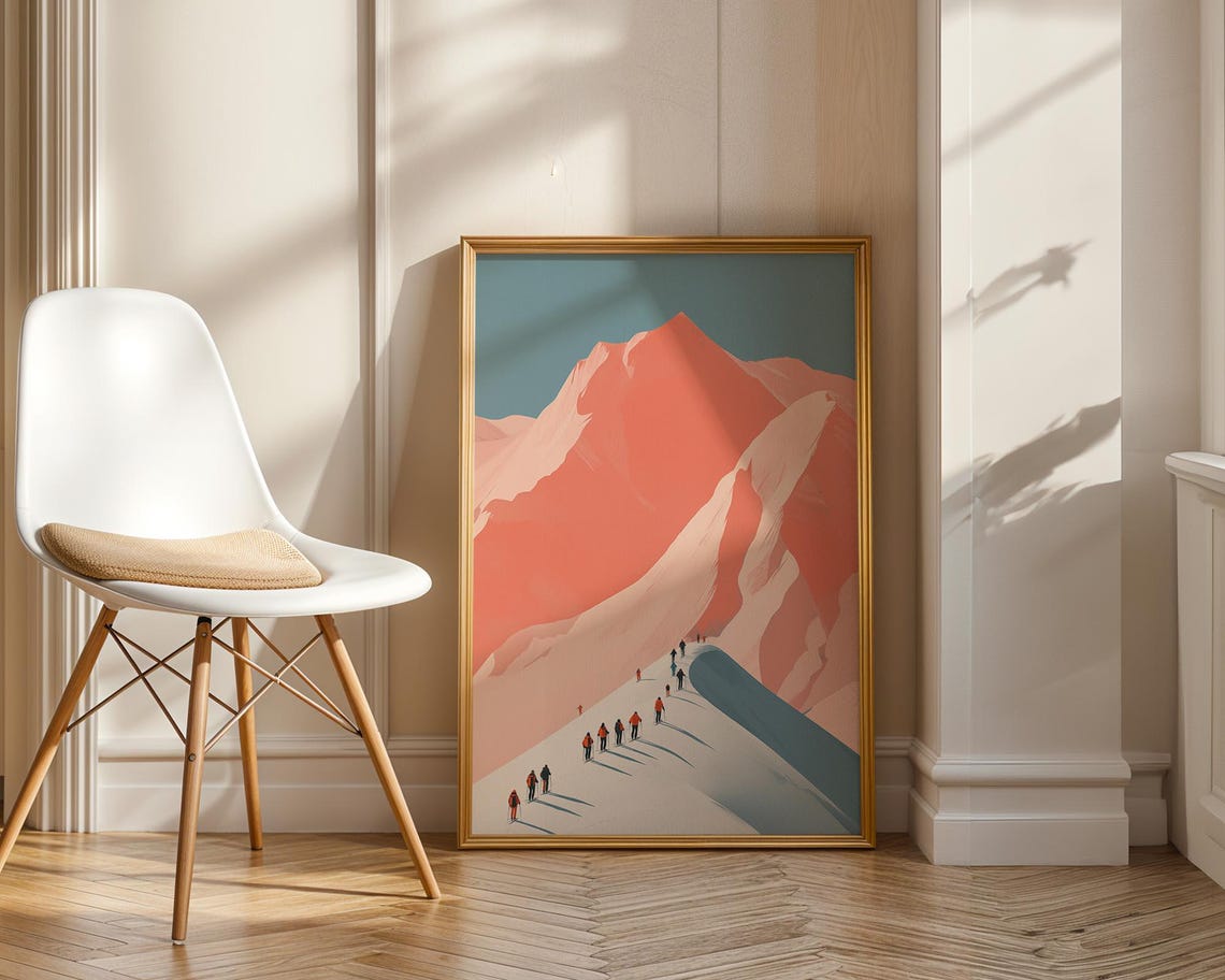 Minimalist Hikers on a Snowy Trail Toward a Coral Pink Peak Poster