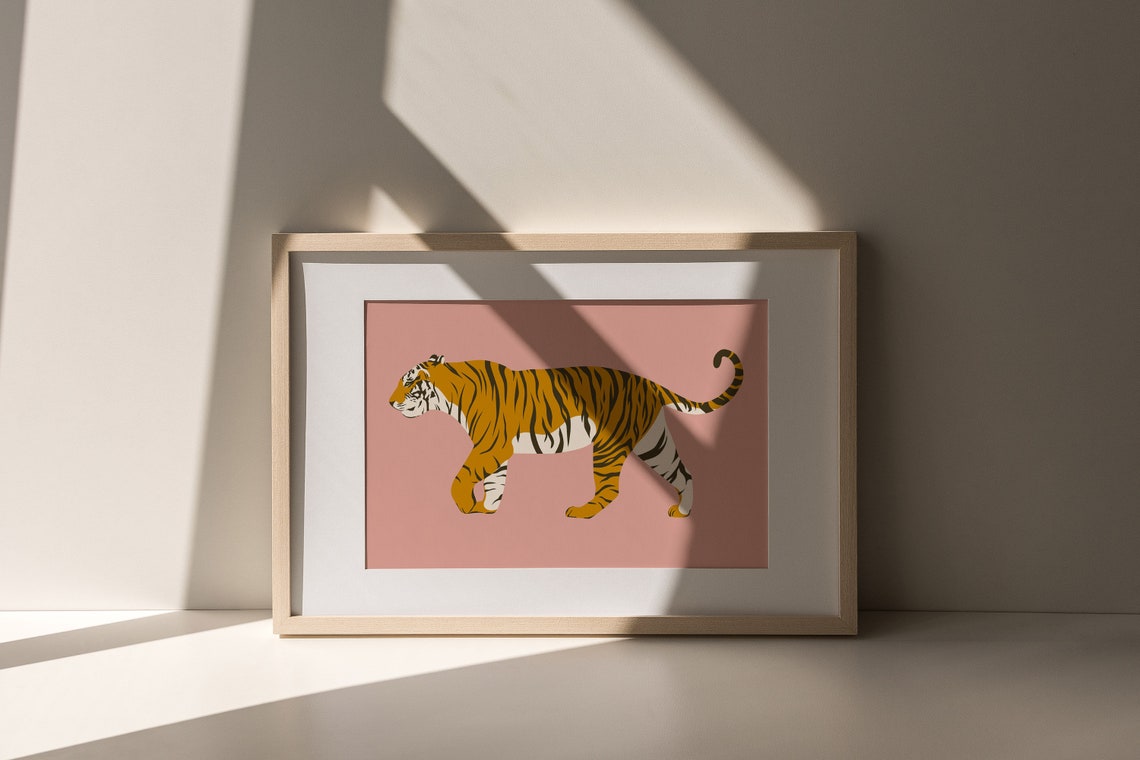 Abstract Pink Tiger Illustration Striding Big Cat Safari Poster - Image 2