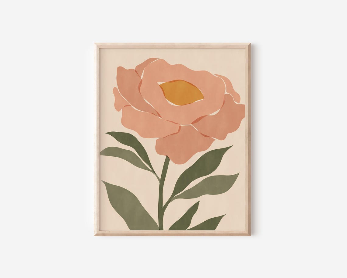 Abstract Pink Peony Flower Sage Green Leaves Botanical Poster