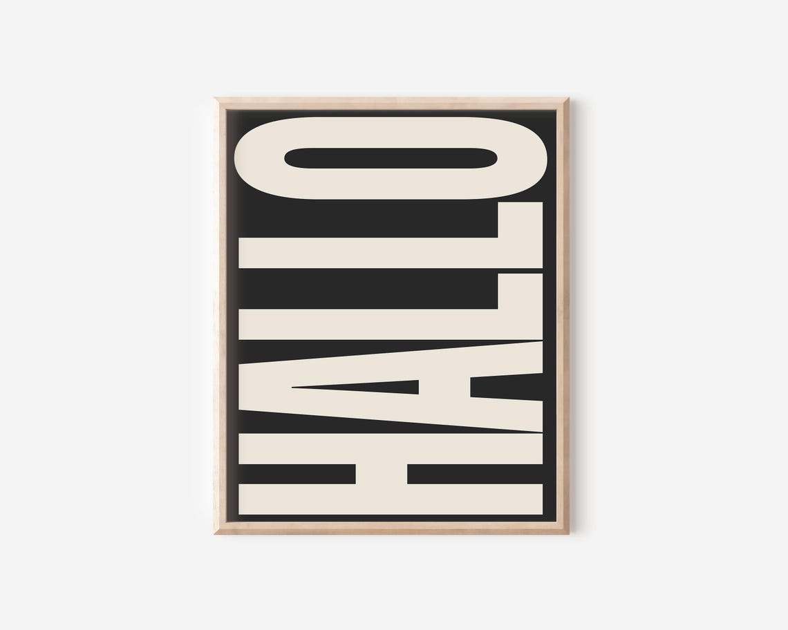 Hallo Bold Retro German Greeting Typography Black Cream Wall Poster - Image 2