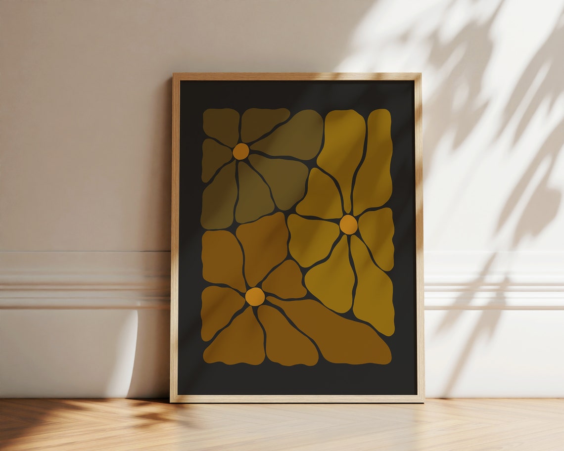 Retro Groovy Flower Trio Autumn Bloom Charcoal Botanical Wall Art