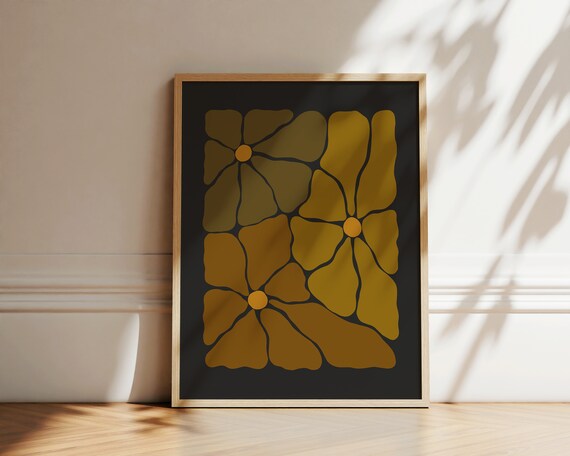 Retro Groovy Flower Trio Autumn Bloom Charcoal Botanical Wall Art