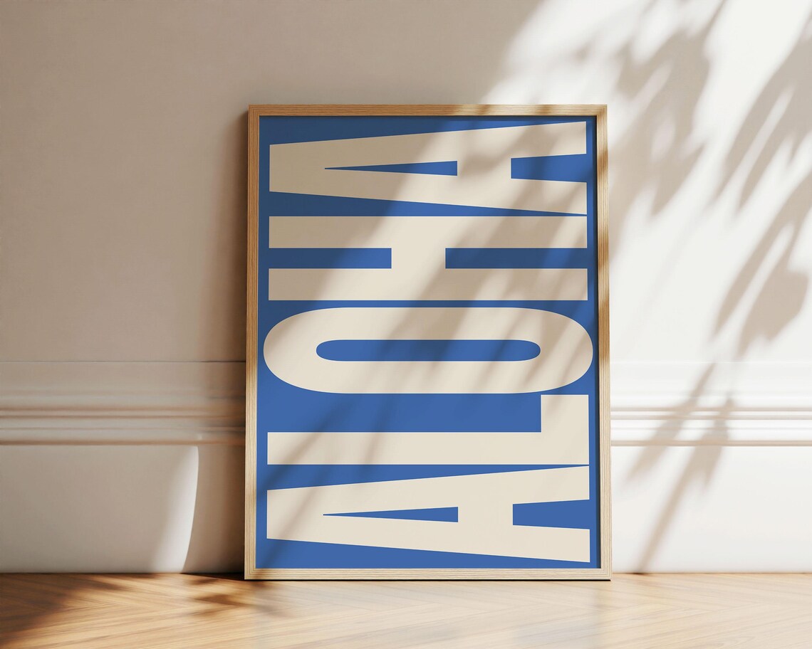 Aloha Ocean Blue Background Cream Block Letter Island Greeting Poster