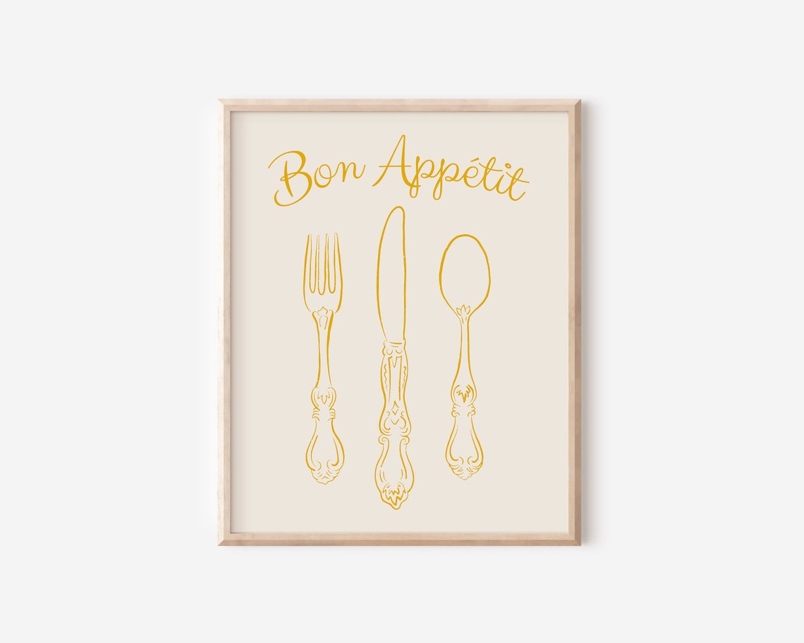 Bon Appetit Gold Script Fork Knife Spoon Elegant Kitchen Wall Poster - Image 2
