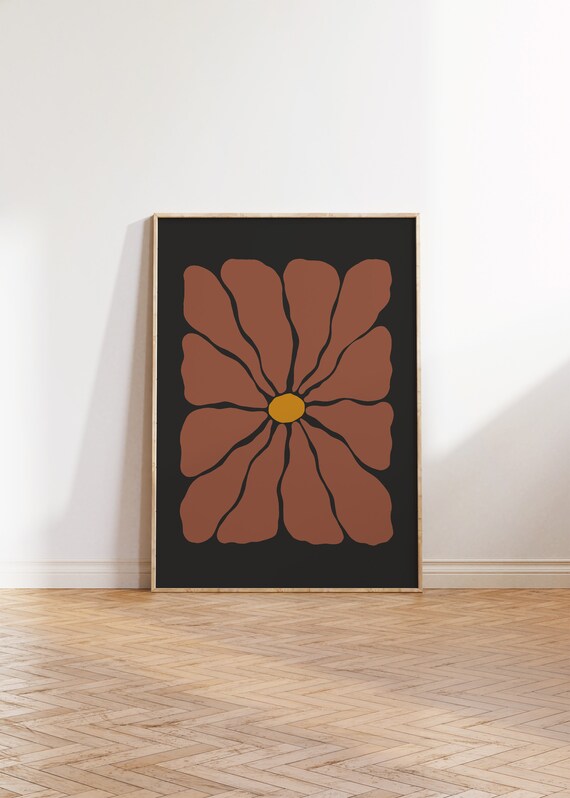 Retro Autumn Flower Illustration Copper Black Groovy Botanical Poster