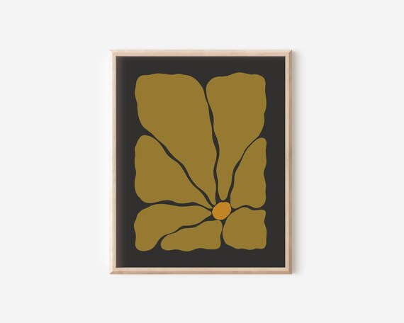 Golden Groovy Flower Amber Center Dramatic Black Retro Art Poster