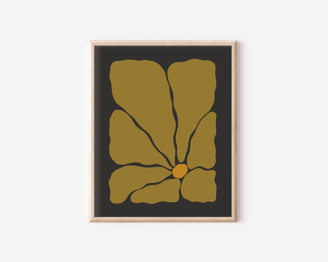Golden Groovy Flower Amber Center Dramatic Black Retro Art Poster