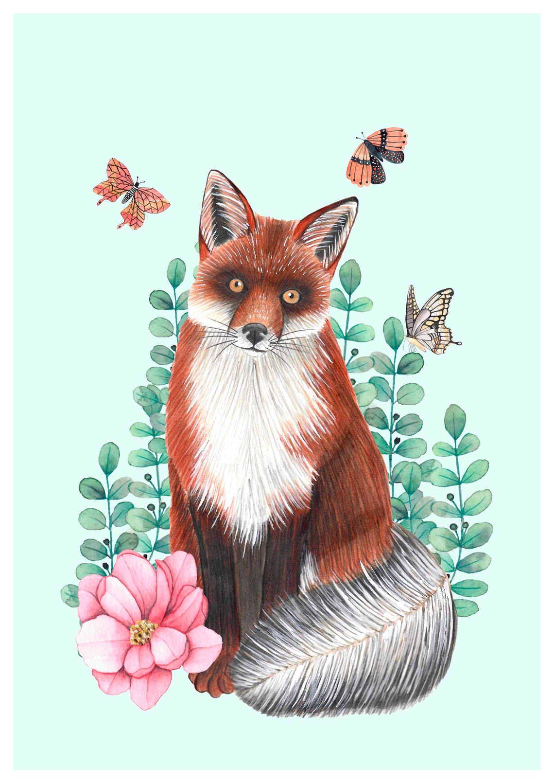Fox With Flowers Art Print, Nursery Forest Animals