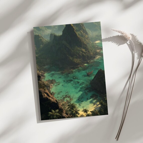 Tropical Island Poster Pirate Ship Ocean Wall Art Print Adventure Seascape Emerald Lagoon Travel Decor 50x70 Cm 20x28