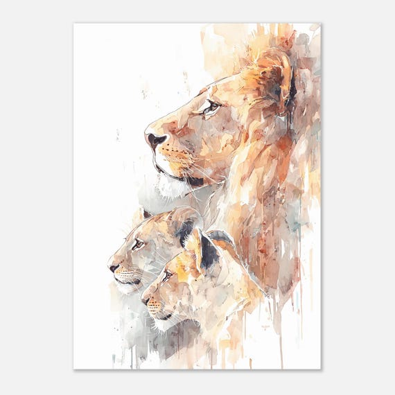 Lion Family Poster Watercolor Safari Animal Wall Art Print Wildlife Painting Decor African Jungle Artwork 50x70 Cm 20x28