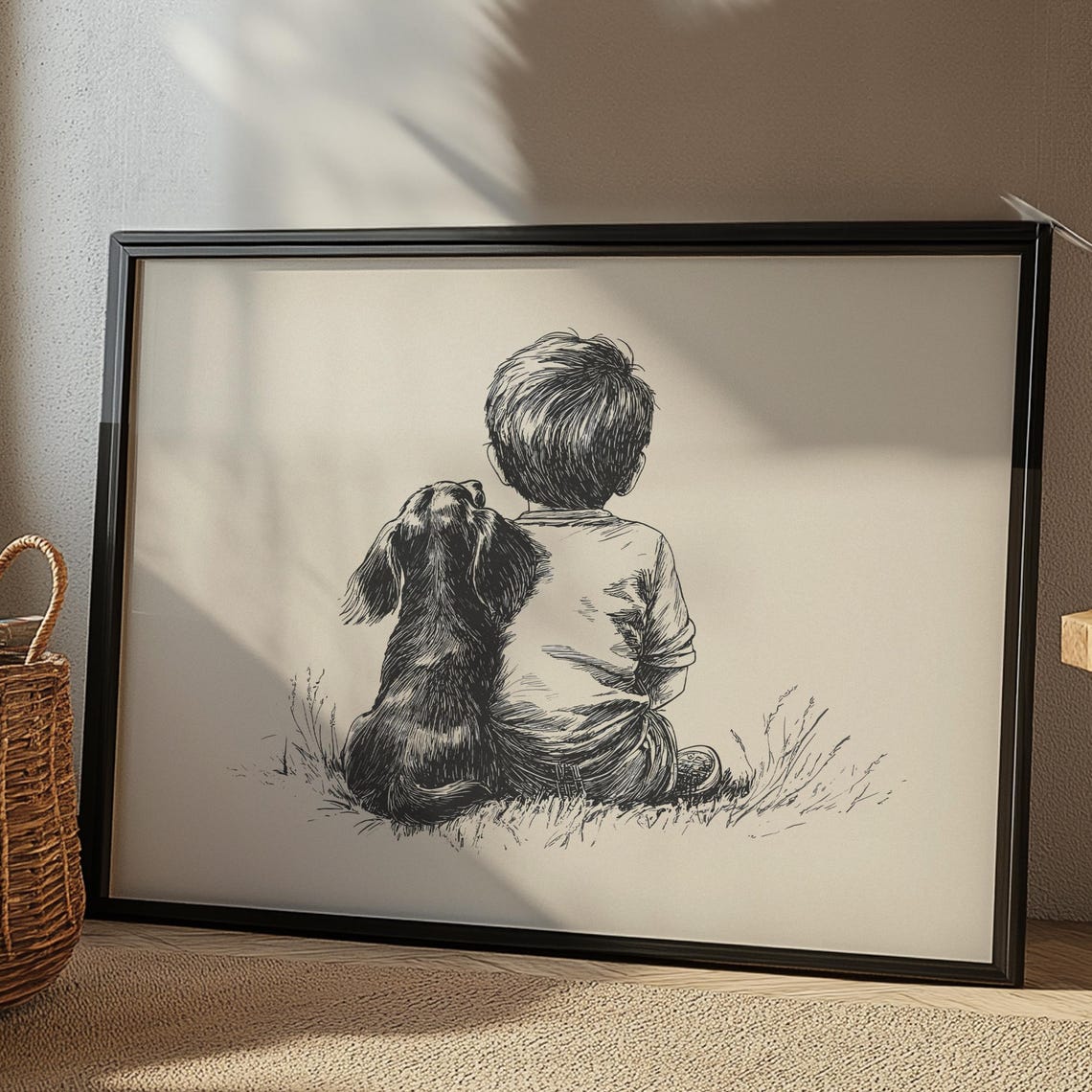 Nursery Boy And A Dachshund Print Dog Vintage Poster Retro Painting Farmhouse Wall Decor Country Wall Art Pet Drawing Puppy Wall Art