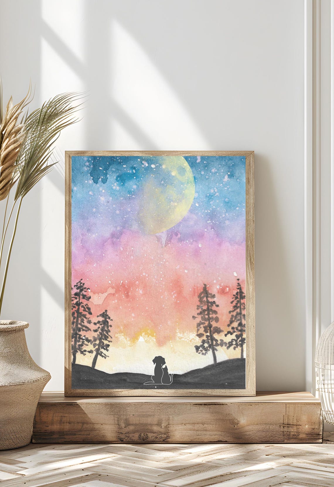 Cat And Dog Moonlit Galaxy Night Sky Watercolor Animal Art Poster