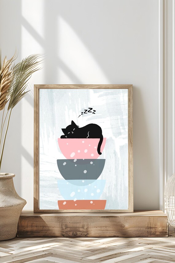 Sleeping Black Cat On Stacked Bowls Whimsical Modern Art Poster