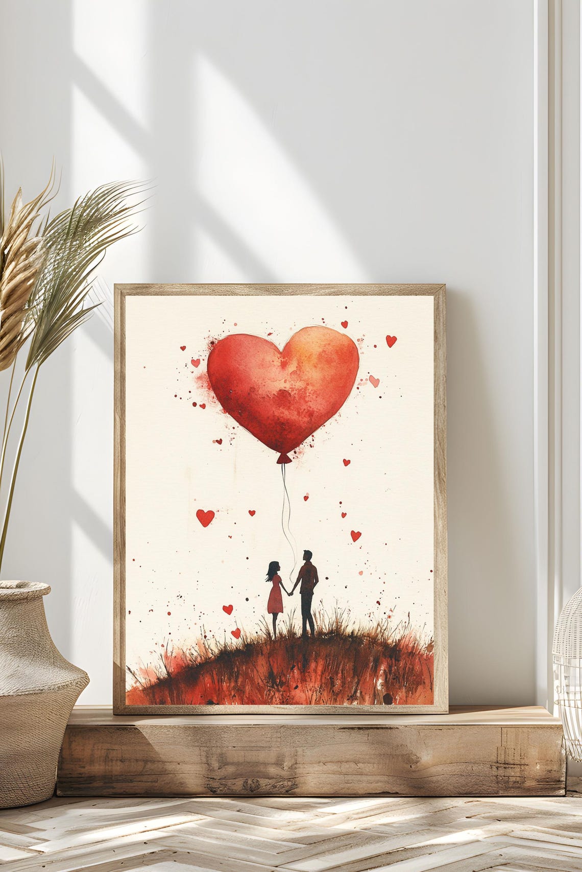 Romantic Couple Silhouette Giant Red Heart Balloon Watercolor Poster
