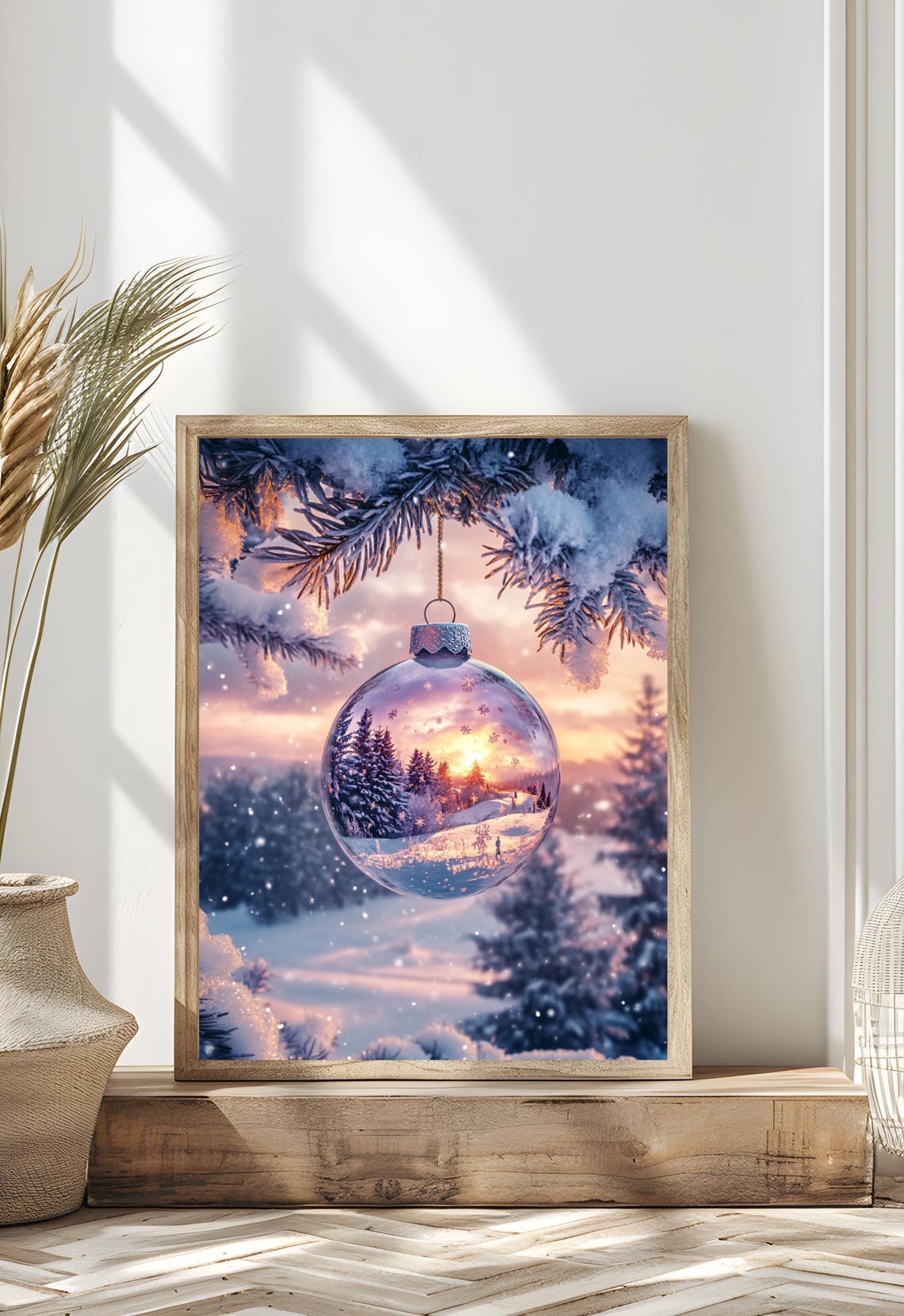 Glass Christmas Ornament Winter Sunset Snowy Pine Dreamy Art Poster