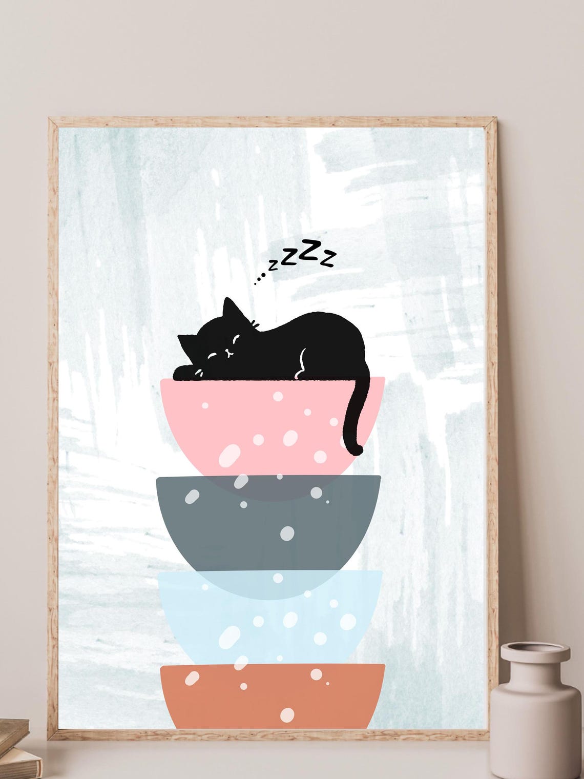 Sleeping Black Cat On Stacked Bowls Whimsical Modern Art Poster - Image 2