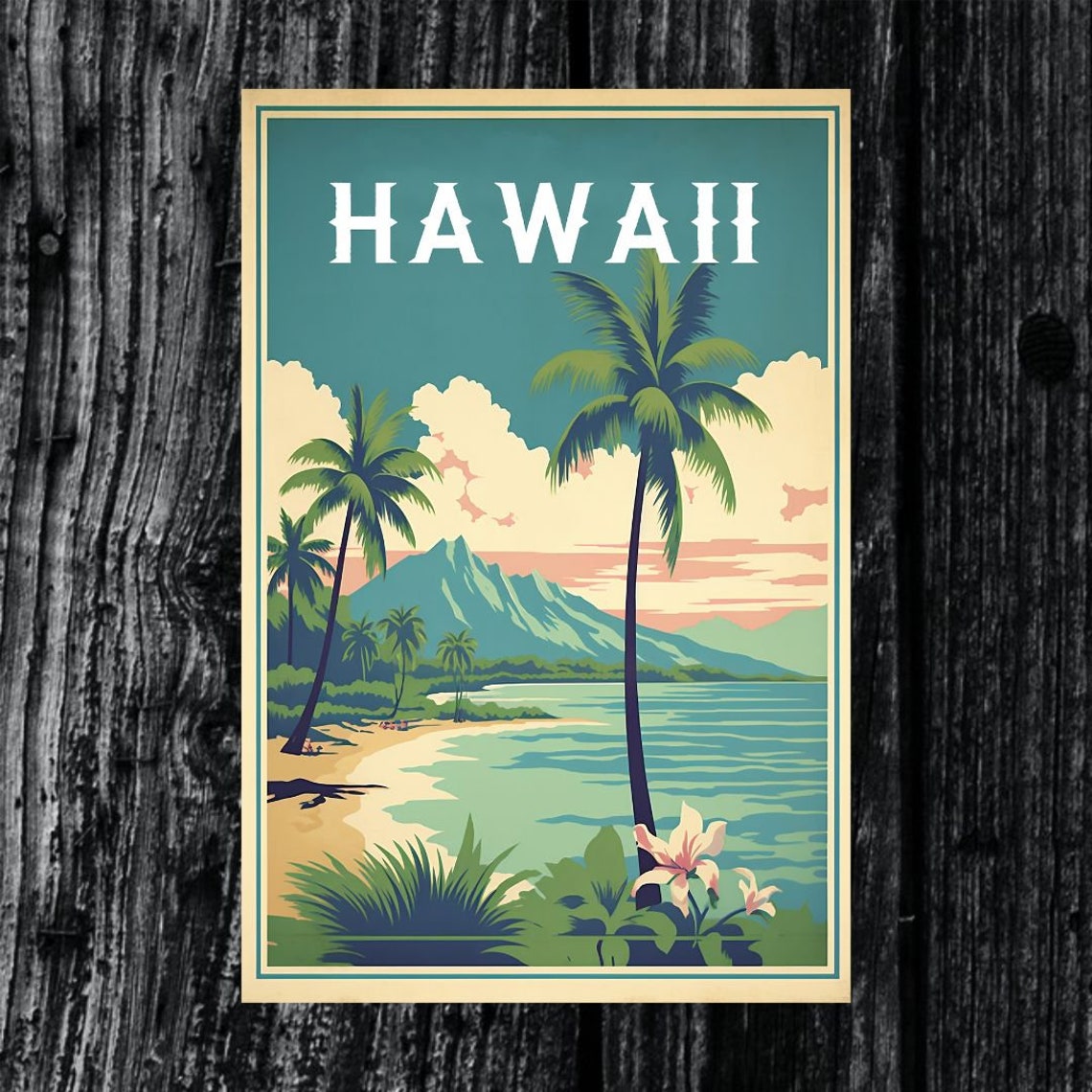 Hawaii Retro Island Vintage Travel Poster Palm Beach Sunset Scene