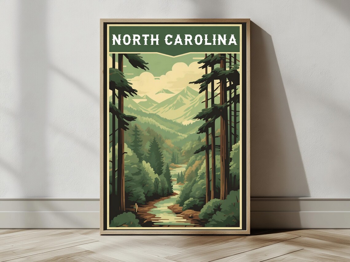 North Carolina Forest Stream Misty Mountains Retro Travel Poster - Image 2