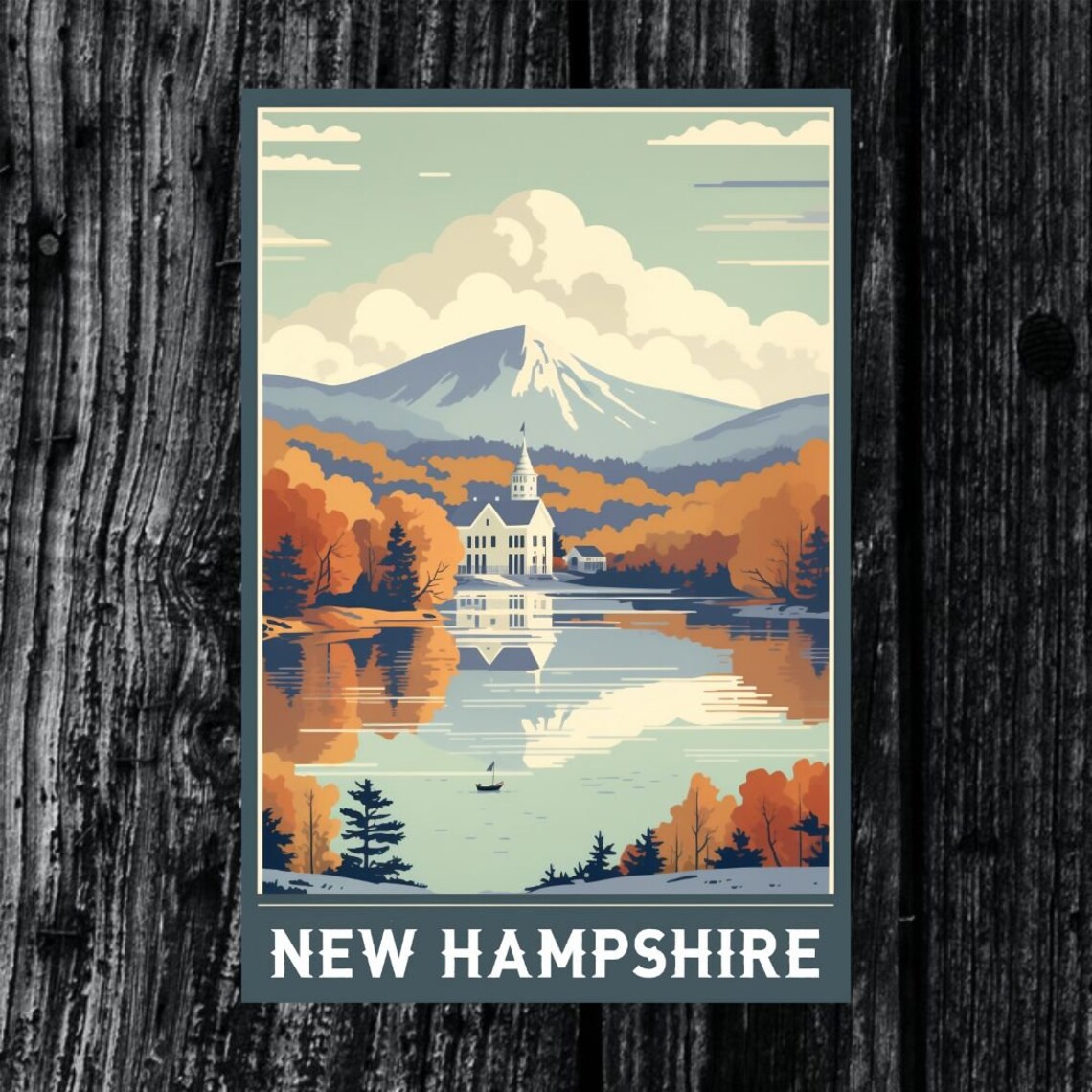 New Hampshire Autumn Church Vintage Travel Poster Lake Fall Mountains