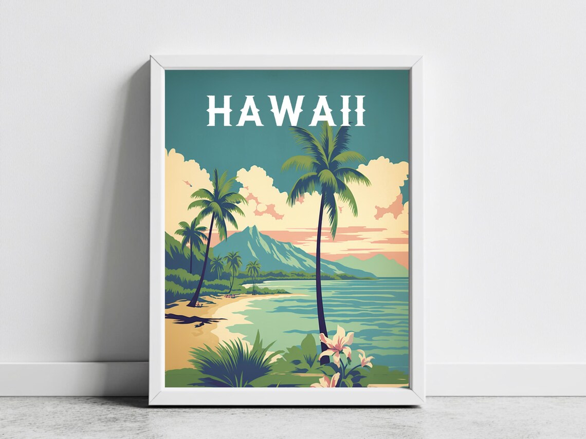 Hawaii Palm Beach Mountain Tropical Flowers Vintage Travel Poster - Image 3