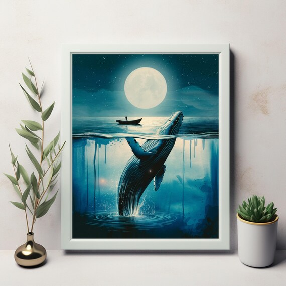 Humpback Whale Under Moonlight Boat Underwater Drips Ocean Poster